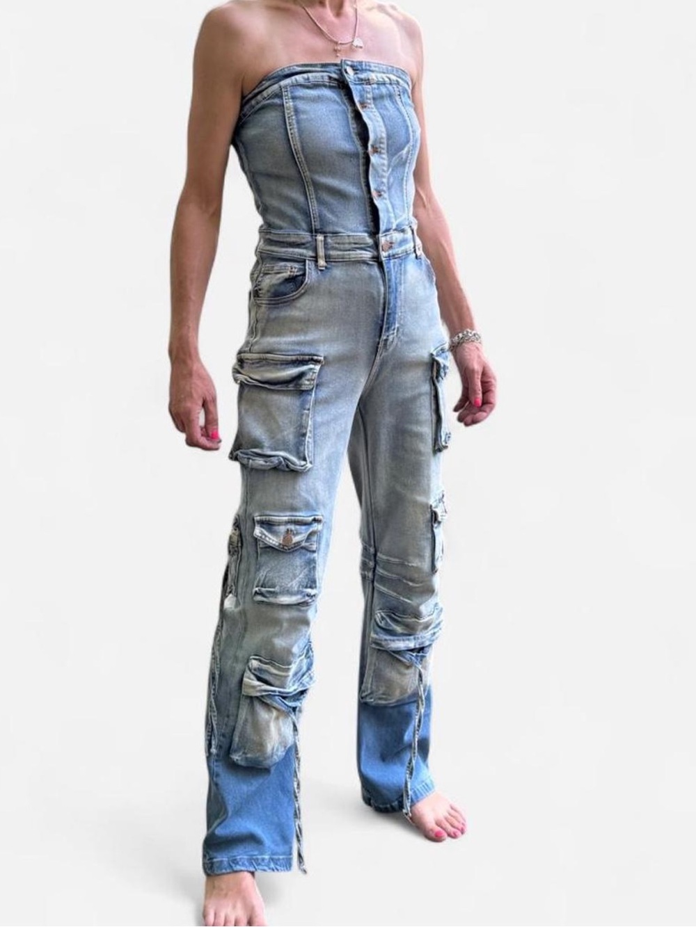 Strapless Light Wash Cargo Denim Jumpsuit for Women Medium y2k Daisy